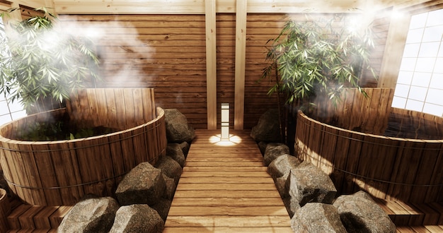 Photo onsen room interior with wooden bath and decoration wooden japanese style