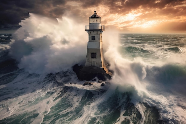 Onstuimige Majestueuze Zeegolven die tegen de Vuurtoren slaan Generatieve AI