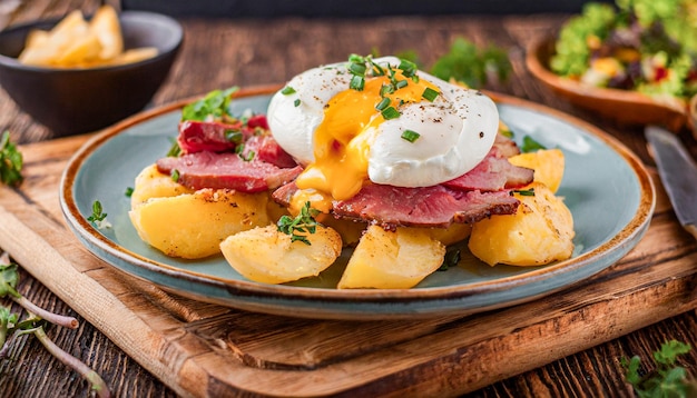 Foto ontbijt aardappelen bovenop met rundvlees en ei benedictus