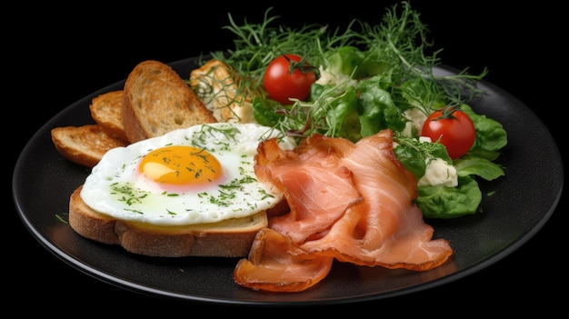 Ontbijt Gebakken eieren spek kwark toast met zalm op een bord