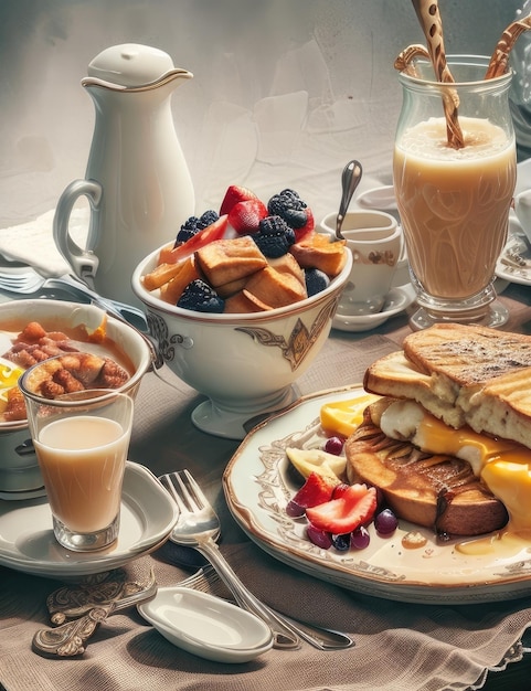 Foto ontbijt geserveerd met koffie croissants croissants en verse bessen