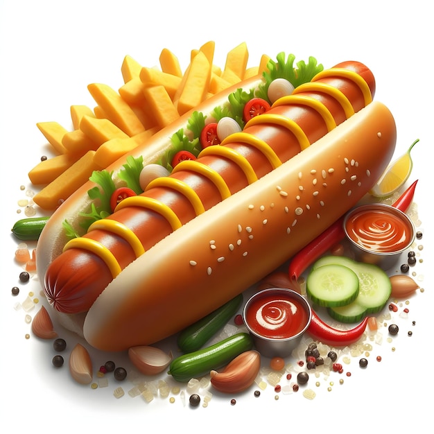 Ontbijt hotdog met mosterd en broodje 3D-illustratie geïsoleerd op witte achtergrond hot dog abstracts