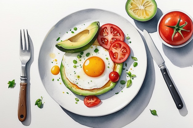 Ontbijt illustratie waterverf wit bord met gebakken ei avocado tomaten en peper