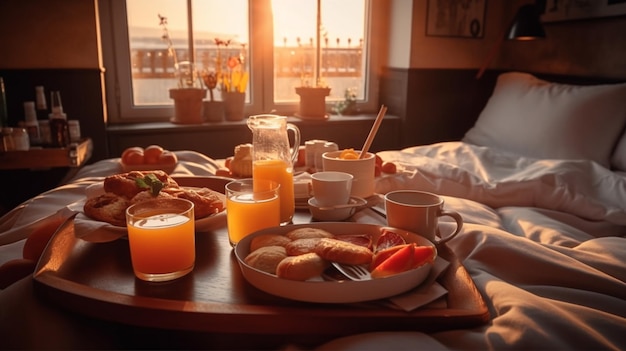 Foto ontbijt in bed, gezellige hotelkamer, generatieve ai.