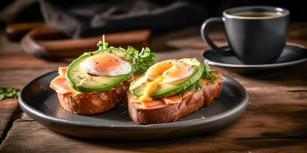 Ontbijt met avocado, geroosterde zalm eieren en koffie.