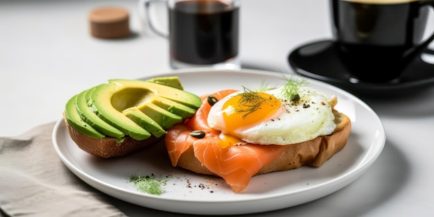 Ontbijt met avocado, geroosterde zalm eieren en koffie.