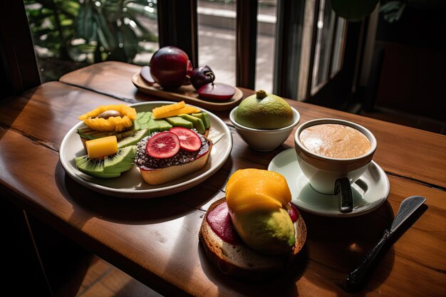 Ontbijt met avocado-toastkoffie en vers fruit in Colombiaans café