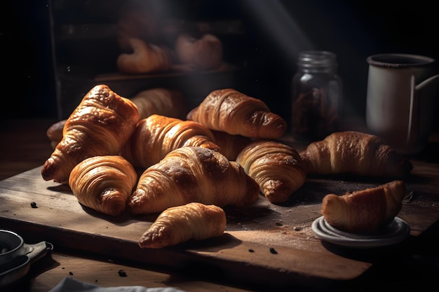 Ontbijt met croissants op rustieke houten tafel