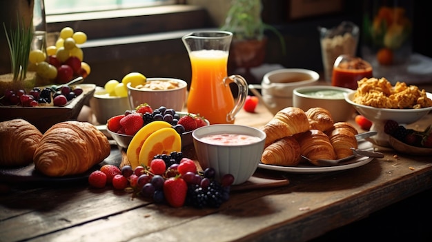Foto ontbijt met croissants, verschillende bessen, granen, vers fruit, melk en een verscheidenheid aan andere gezonde opties op een houten tafel in het zonlicht.