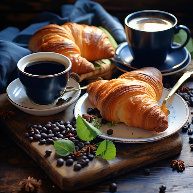 Ontbijt met een kop koffie en croissants.