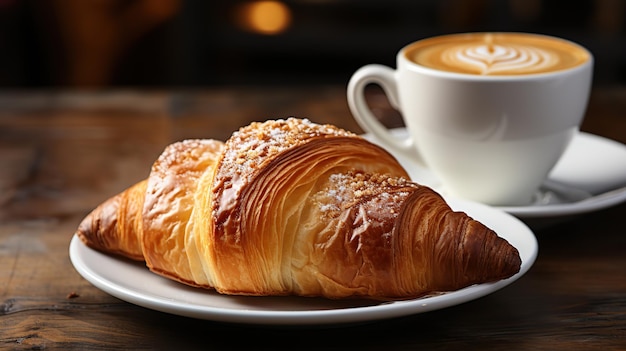 ontbijt met koffie en croissant op een houten achtergrond AI gegenereerd