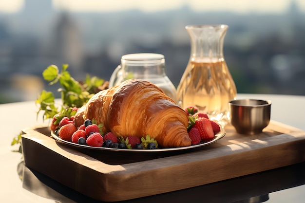 Ontbijt met koffie en croissant op tafel in het ochtendlicht