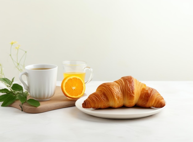 Ontbijt met koffie en croissant.