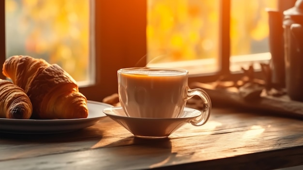 Ontbijt met koffie en croissants in een mand op tafel.