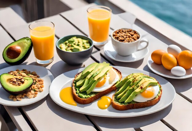 Foto ontbijt op een tafel met een bord eieren eieren en koffie
