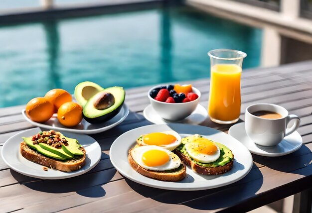Foto ontbijt op een tafel met een kop koffie en een glas sinaasappelsap