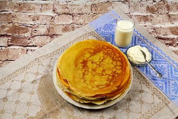 Ontbijt, room, melk, pannenkoek, eten, zelfgemaakt, bord