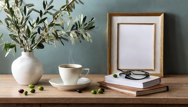 Ontbijt stilleven Kop koffieboeken en leeg beeldkader mockup op houten bureau
