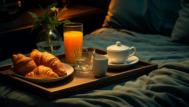 Foto ontbijtblad met jus d'orange croissants en melk op de kamer