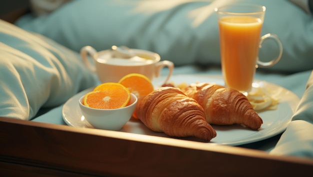 Ontbijtblad met jus d'orange croissants en melk op de kamer