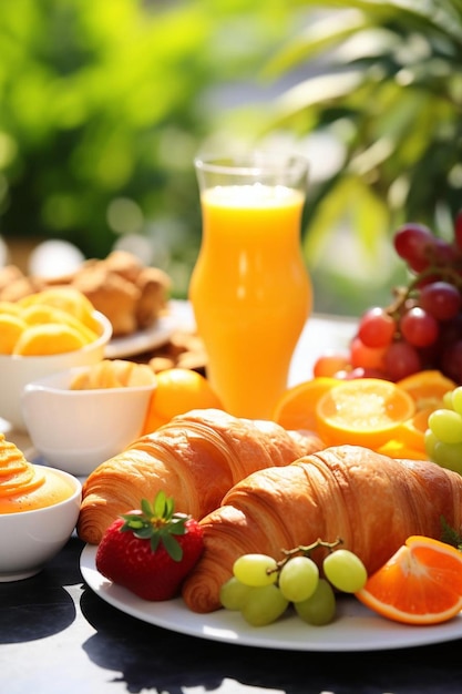 Foto ontbijtbuffet gezonde continentale koffie sinaasappelsap vruchtensalade croissant