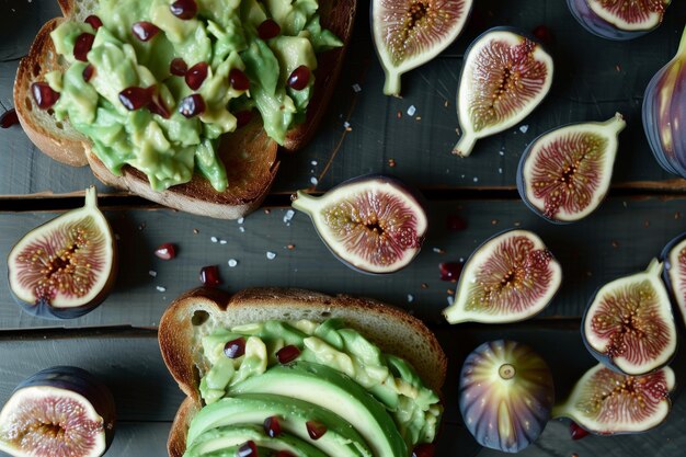 Foto ontbijttafel met avocado toast en verse vijgen