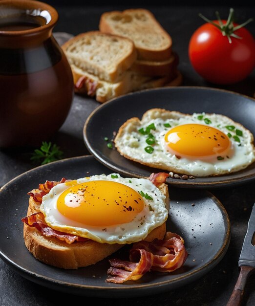 Foto ontbijttafel met eieren, brood en spek.