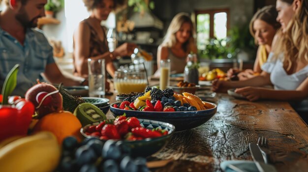 Ontbijttafel met vers fruit voor een gezond gezin