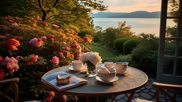 Ontbijttafel onder herfstbomen met uitzicht op het meer in Japan Boeket bloemen kopje theeboeken sieren de tafel Reflectie van de bergen en bomen in het meer creëert een prachtig tafereel