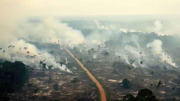 Ontbossingsconcept probleem met het behoud van bomen Branden in de natuur een teken van opwarming van de aarde Generatieve AI