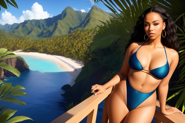 Ontdek de allure van een zwarte vrouw in een tropische bikini die de essentie van pure gelukzaligheid vastlegt