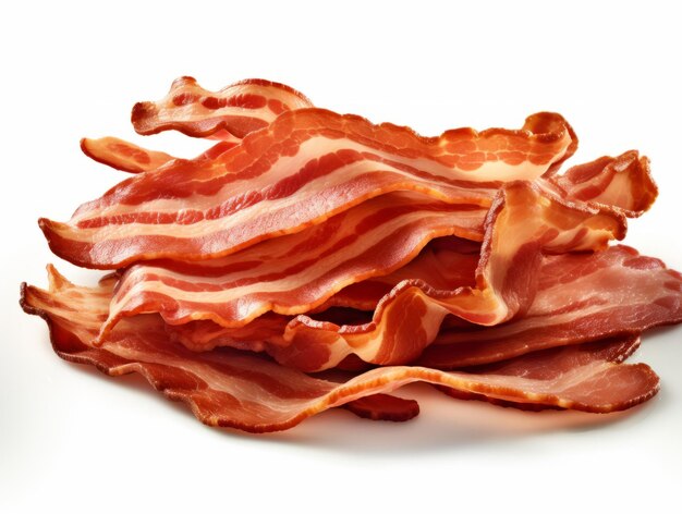 Foto ontdek de heerlijke geheimen van knapperige bacon strips op een ongerepte witte achtergrond