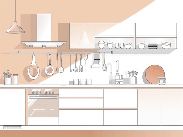 Ontdek het elegante ontwerp van keukenmeubels gemarkeerd met gereedschap en decor Vector