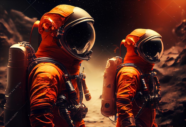 Ontdekkers in oranje ruimtepakken Hoogwaardige illustratie