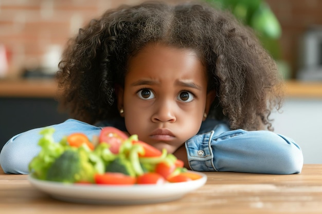 Ontevreden Afro-Amerikaans meisje weigert salade te eten ongelukkig