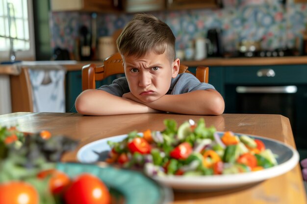 Ontevreden jongen verwerpt gezonde ontbijtoptie