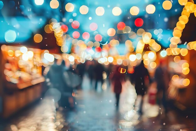 Foto ontfocusd beeld van mensen op een verlichte kerstmarkt