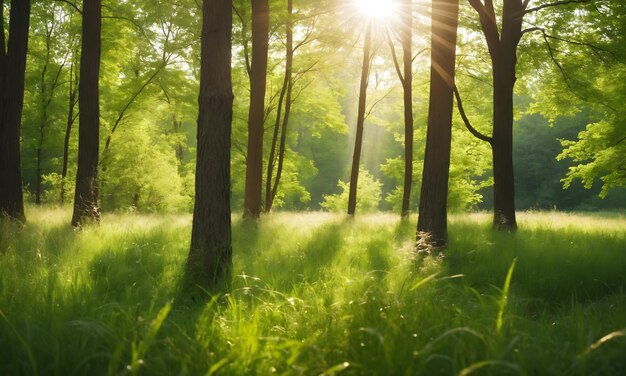 Ontfocuste groene bomen in het bos of park met wild gras en zonnestralen