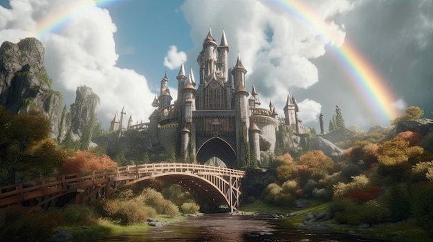 Ontketen het mystieke rijk Een fantasiekasteel in de wolken met Rainbow Bridge Genereer Ai