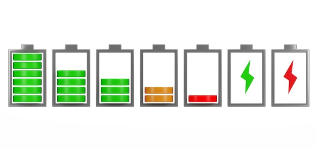 Ontladen en verschillende niveau energie batterijen infographic ingesteld op witte achtergrond 3d illustratie