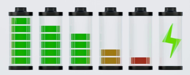 Ontladen en verschillende niveaus energiebatterijen infographic set op witte achtergrond 3D-rendering