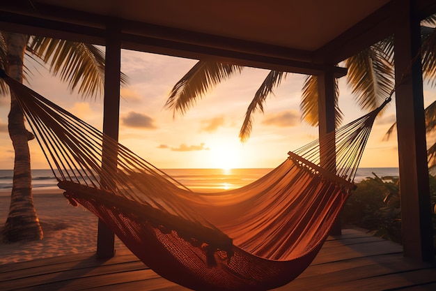 Foto ontspan in een hangmat op het strand met uitzicht op de zonsondergang