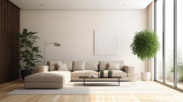 Ontspan in stijl Arafed woonkamer met een grote bank en een plant verbeterd door GenerativeAI