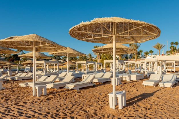 Ontspan onder een parasol op het strand van de Rode Zee in Egypte