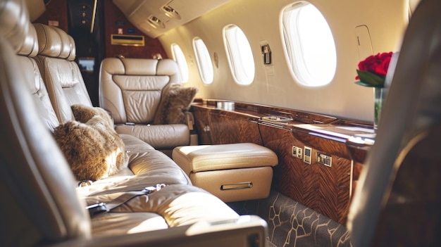 Ontspannen in absolute luxe in onze privéjet met pluche voetsteunen en ottomans om je voeten te rusten en