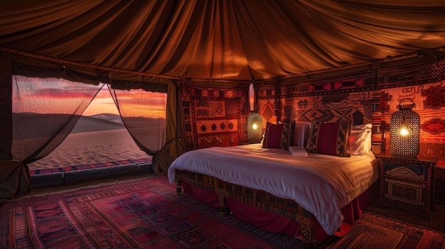 Ontspannen in een luxe beduïenen tent terwijl de zon onder de horizon zinkt en de hemel in rode tinten schildert