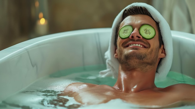 Ontspannen man die een bad neemt met een komkommermasker