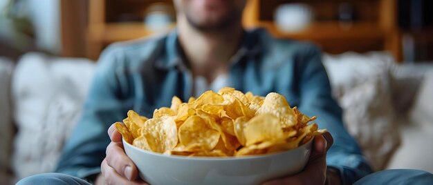 Foto ontspannen moment met een snack bank comfort en crunch concept comforterende snack gezellige bank ontspannend moment crunchy lekkernijen