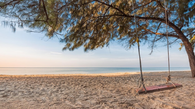 Ontspannen op het strand met touwschommel onder de dennen in de zomervakantie, reizen en ontspannend concept