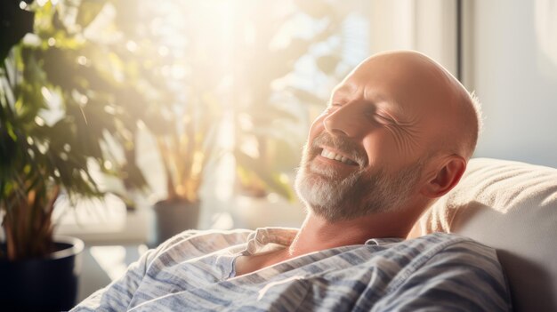 Ontspannen tevredenheid Man geniet van een vreedzaam moment in een zonnige kamer